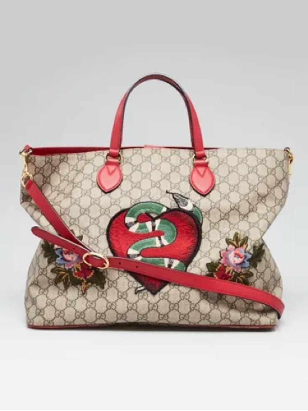 Gucci Beige GG Supreme Tote with Red Trim and Green Snake Heart with makeup bag